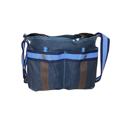 Vintage GAP Blue Canvas Messenger Bag Book Bag 90s Y2K GUC Yellow PVC Interior - Picture 5 of 14